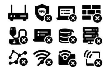 Network Icon Removal. Solid style icons of network and connection removal: disconnect router icon, uninstall VPN client, network