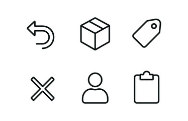 vector outline icons e commerce order management (returns process): return arrow box icon label tag cross mark user icon clipboard.