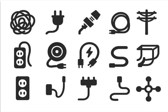 Power Line Icons. Solid style icons of power lines and cables: tangled wire icon, electric cord with plug, cable connection bolt,