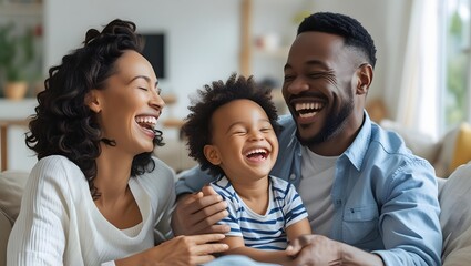 Obraz premium Heartfelt Laughter: A radiant moment of pure joy unfolds as a family shares a moment of laughter together. Their genuine smiles illuminate the space, revealing a bond of love and happiness.
