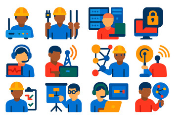 Networking Career Icons. Flat vector icons of Networking Careers: network engineer, cable installer, system admin, cybersecurity