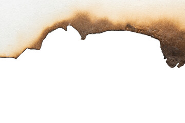 Fire burned white paper edges background texture isolated on white background