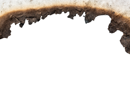 Fire burned white paper edges background texture isolated on white background