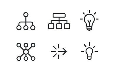 vector outline icons virtual brainstorming session (mind map view): central node branch lines idea bubble lightbulb icon connection dots thought spark.