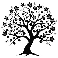 Obraz premium Black Silhouette of a Tree with Blossoms, Leaves, and Branches Design Illustration