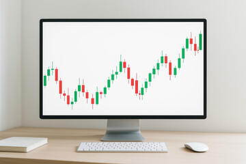 Computer monitor displaying green and red candlestick chart on white background for financial trading analysis in minimalist office