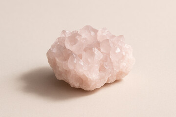 Raw rose quartz crystal cluster displayed on a neutral beige background showcasing natural pink mineral texture and clarity
