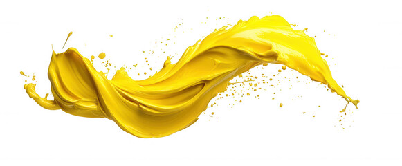 Vibrant yellow paint brushstroke forming textured artistic shape, revealing dynamic background splash against transparent color