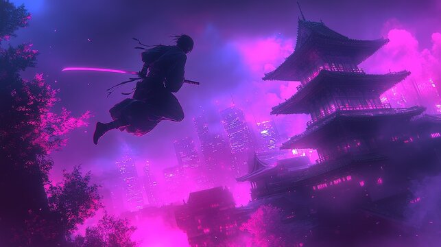 Ninja in Mid - Air with Katana, Neon - Lit Pagoda and Cityscape in Background 