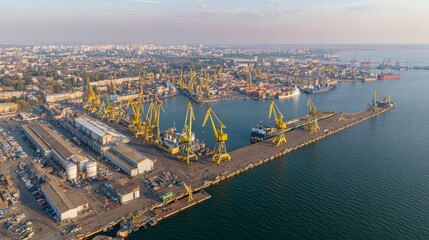 Fototapeta premium Aerial view of bustling port with cranes and cargo operations under natural light, dynamic industrial atmosphere and maritime trade concept