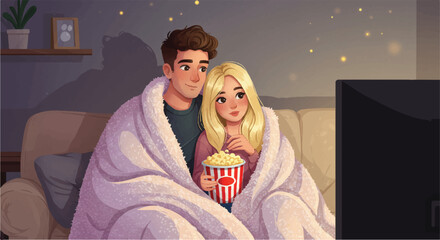 A cozy 2D flat design illustration shows a happy couple relaxing on a comfortable couch, sharing popcorn and a soft blanket while enjoying a movie at home.