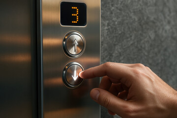 Hand pressing elevator down button inside modern building with digital floor display and metallic control panel on gray wall