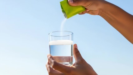 Hand pouring powder supplement into glass of water on blue background, Dissolving drink supplement to restore energy balance after workout routine