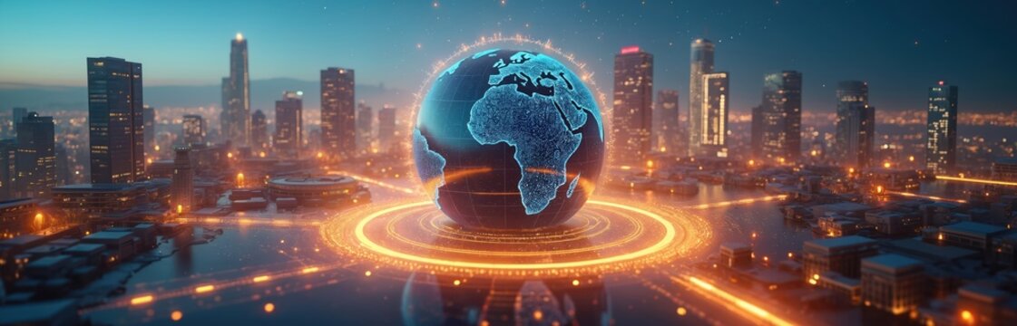 Futuristic cityscape with glowing digital globe. Modern architecture, city lights, financial district at night. Technology, innovation, global business connectivity, data transfer, cyberspace. - Powered by Adobe