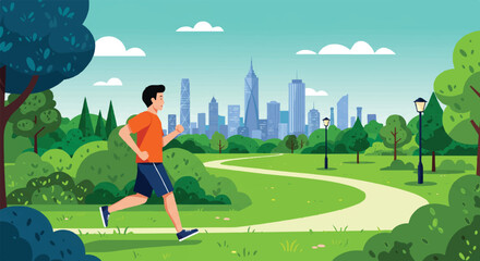 Vibrant 2D flat illustration depicts a healthy person jogging through a lush green park with a modern city skyline visible in the background.