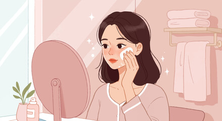 A young woman engaged in her daily skincare routine, meticulously applying products in front of a mirror, depicted in a clean 2D flat illustration style.