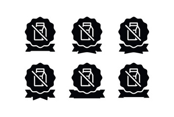 vector solid black filled icons allergy friendly label (dairy free): milk icon crossed badge shape text line ribbon tail shadow smear highlight rim.