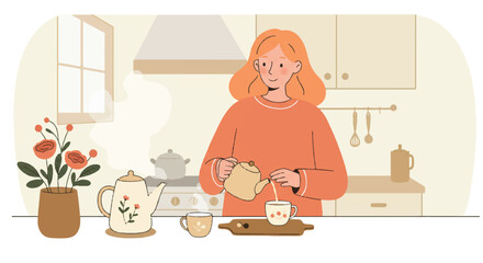 A vibrant 2D flat illustration depicts a person thoughtfully brewing hot tea, pouring from a modern teapot into elegant ceramic cups, evoking a sense of calm and a cozy, comforting ritual.