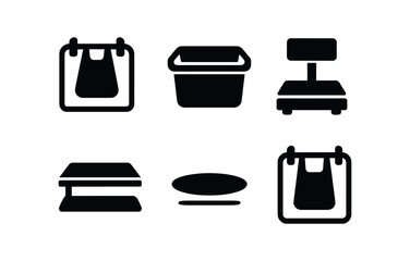 vector solid black filled icons grocery self checkout (bagging area): bag frames empty bins scale icon shelf edge shadow smear light rim.