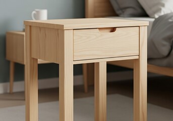 Fototapeta premium Light wood nightstand with drawer showcasing minimalist bedroom interior design and functionality