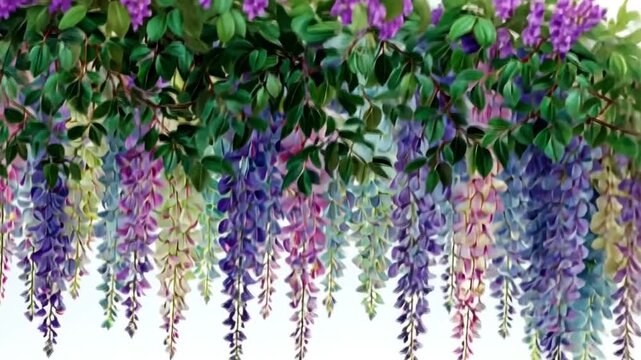 Motion Purple wisteria flowers branches on white background