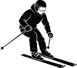 Obraz premium Vector art of a silhouette of a skier skiing downhill on a snowy mountain slope, capturing the thrill and excitement of winter sports in a dynamic style