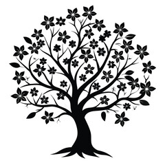 Black Silhouette of a Tree with Blossoms and Leaves, Decorative Artistic Illustration