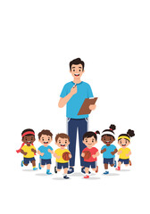 Happy children running with coach, playing basketball during sports training activity