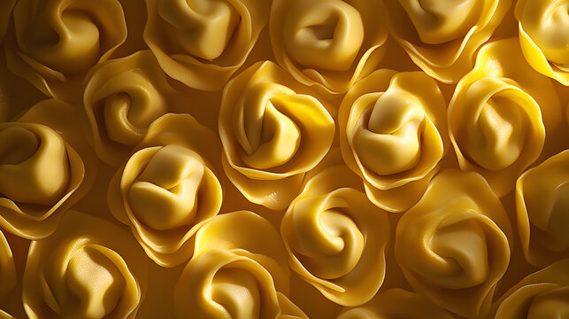 A stylized shot of tortellini arranged neatly in parallel lines, with a dramatic light source creating long shadows, accentuating the texture and curvature of the pasta.
