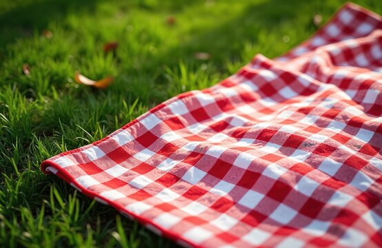 Red and white gingham checkered fabric spread on green grass. This classic pattern tablecloth is perfect for a sunny summer picnic or outdoor meal. Offers ample space for food display and relaxation. - Powered by Adobe