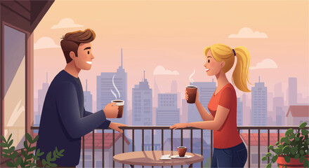 Couple enjoying morning coffee on a small urban balcony with a panoramic cityscape background, depicted in a charming flat vector illustration.