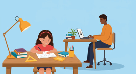 A diligent child is doing homework at a table while a parent works remotely on a laptop nearby, illustrating modern family life in a colorful 2D flat vector style.