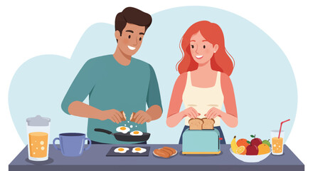 Joyful couple prepares healthy breakfast, cooking eggs, toasting bread, and pouring fresh juice in a bright kitchen, presented as a delightful 2D flat vector illustration.