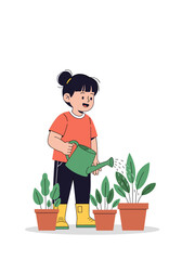 Enthusiastic young girl nurturing plants with watering can in her home garden with love and care