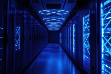 Data center server room with blue lights a futuristic technology infrastructure it and networking concept -