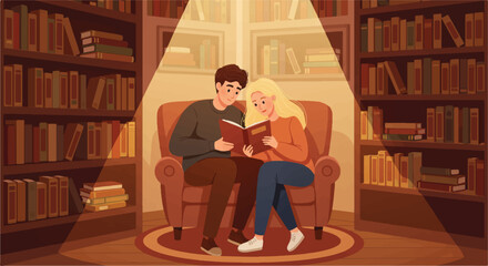 A happy couple peacefully reads a book together in a cozy small library corner, depicted in a charming flat vector illustration.