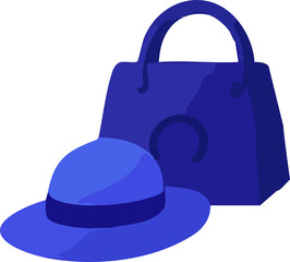 A flat-style illustration of a blue handbag and matching wide-brimmed hat placed side by side.