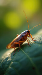 Brown cockroach rests on green leaf in macro close-up. Natural background blurred, details sharpened. Insect has long antennae, segmented legs. Wildlife, arthropod study, garden ecosystem observation.