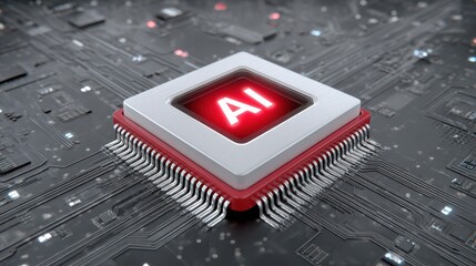A close-up of a computer chip with "AI" illuminated, set against a dark circuit board background, symbolizing artificial intelligence technology.
