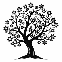 Black Silhouette of a Blooming Tree with Five Petaled Flowers and Leaves Vector Art