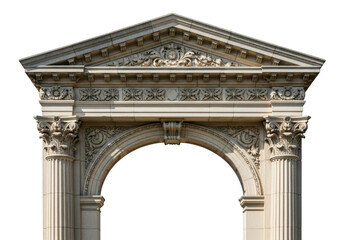 Ornate classical stone archway with columns and pediment isolated on transparent background