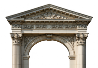 Ornate classical stone archway with columns and pediment isolated on transparent background