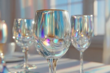 Sparkling clear wine glasses displaying vibrant iridescent light patterns.