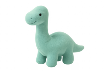 Cute green plush dinosaur toy standing on transparent background