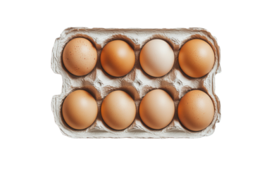 Chicken eggs in carton box on white background,png
