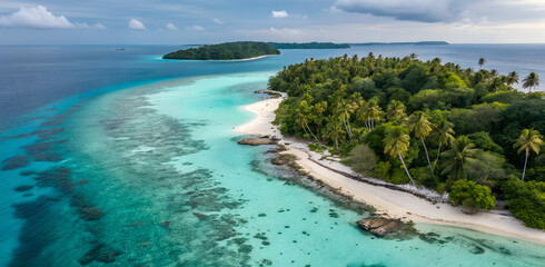 Tropical coastline showcases vibrant turquoise waters and lush greenery on a tranquil island getaway