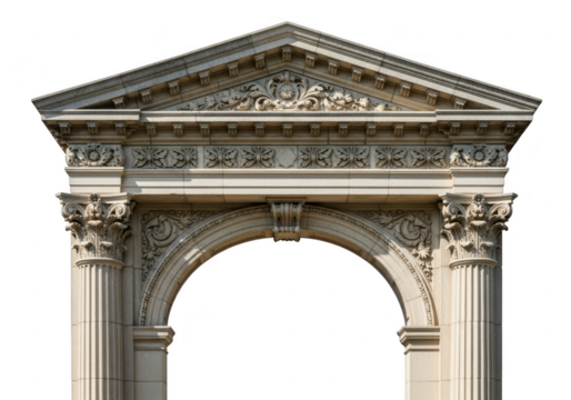 Ornate classical stone archway with columns and pediment isolated on transparent background