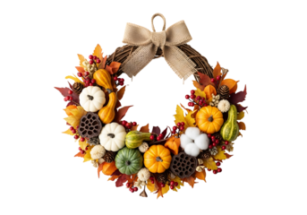 A decorative autumn wreath, crafted with gourds, pumpkins, fall leaves, and berries, is presented against a dark backdrop.