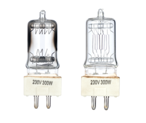 Two halogen light bulbs 230V 300W PNG with transparent background, one damaged burnt dark lamp and one clear intact lamp, isolated for design, print or digital use.