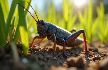 Mole cricket macro shot. Insect on soil surface among green grass sprouts. Low angle view, sunlight. Wildlife discovery for science, agriculture, pest control. Outdoor nature photography.